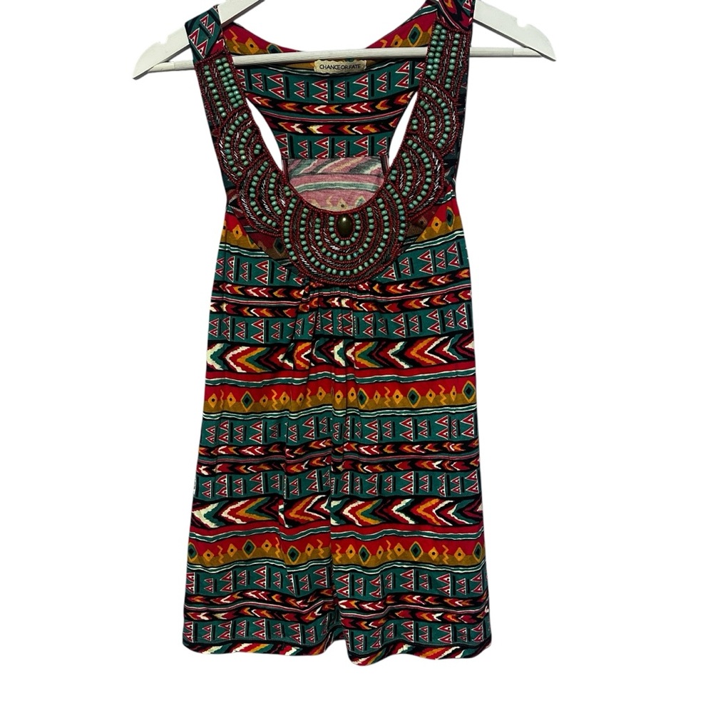Y2K Tribal Print Sleeveless Dress -Swing Style Chunky Neck Detail Large